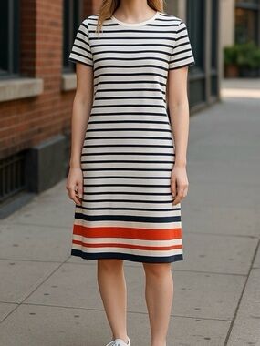 Joe Fresh Navy and Orange Striped Midi Dress